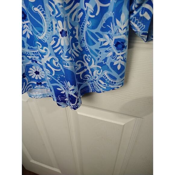 Ny Collection Blouse *M* Blue White Floral Abstract V Neck Roll Tab Sleeve - Picture 7 of 10